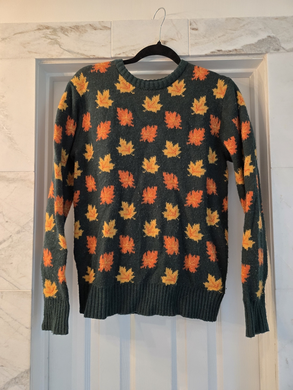 Kiel James Patrick Dark Green Crewneck Sweater with Orange and Yellow Leaf Motif